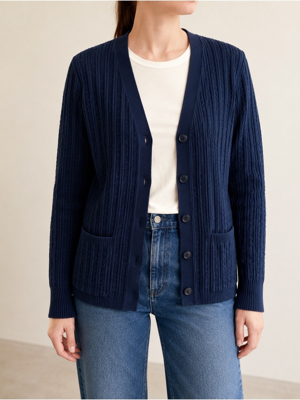Vintage Céline Paris Navy Cotton Pointelle Cardigan Size 44 - M